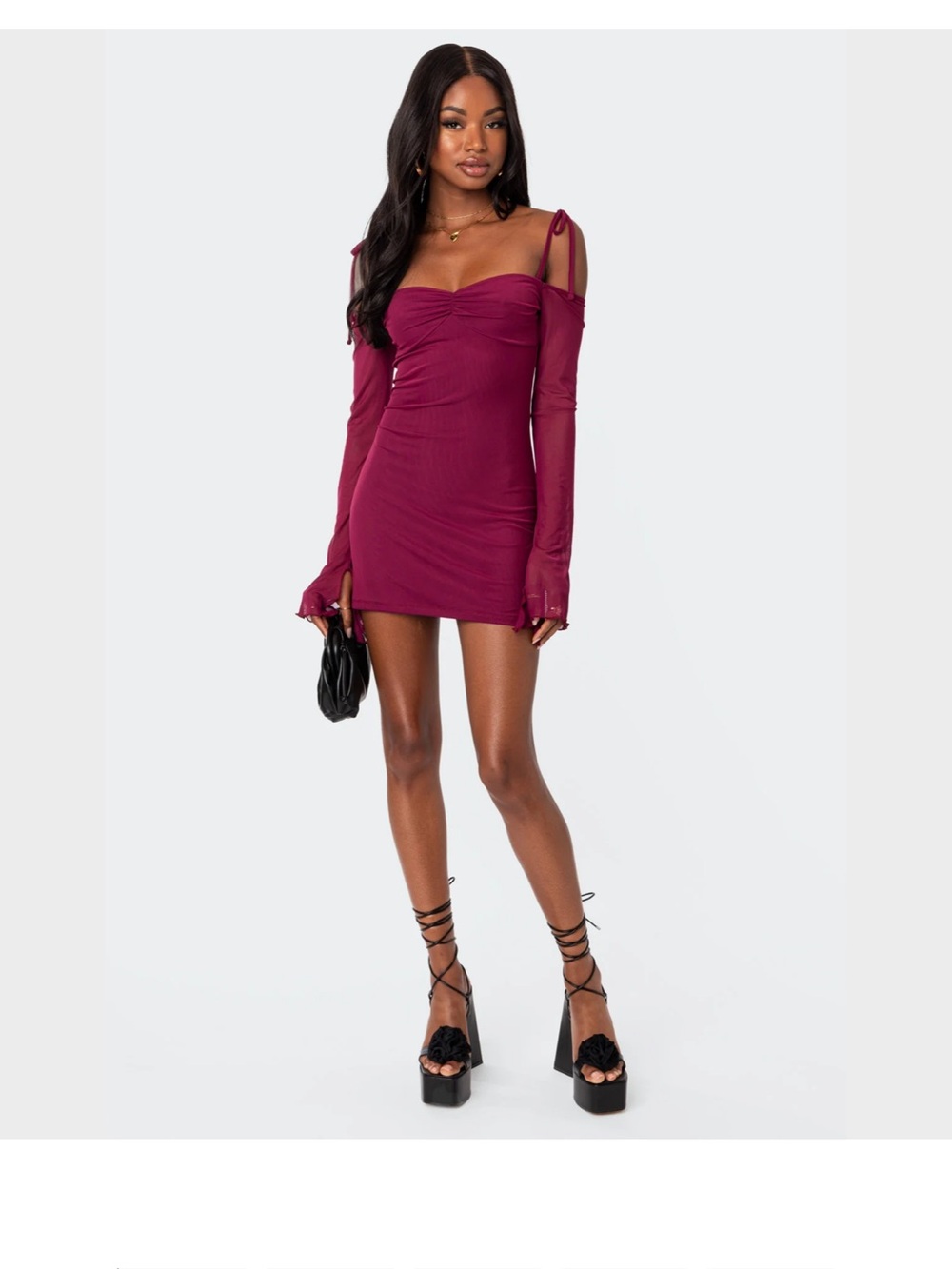 Edikted Ariel Off Shoulder Mesh Mini burgundy Dress sz M